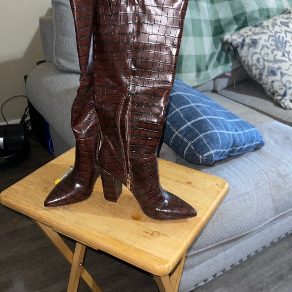 Brown Croc-Embossed Knee-High Boots